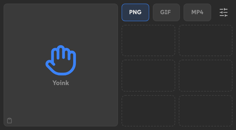 Yoink in a wide slot with the hand on the left and format controls above the empty tray on the right.